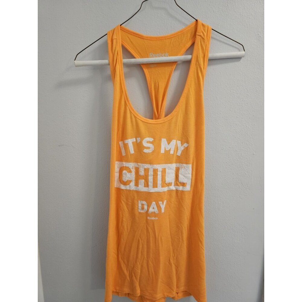 Reebok Women's Tank Top Orange “It’s My Chill Day” Sleeveless Twist Racerback M
